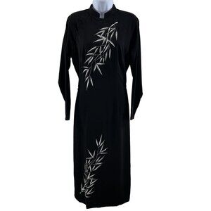 Handmade Silk Maxi S-M Black Mandarin Collar Long Sleeve Bamboo Leaf Embroidered